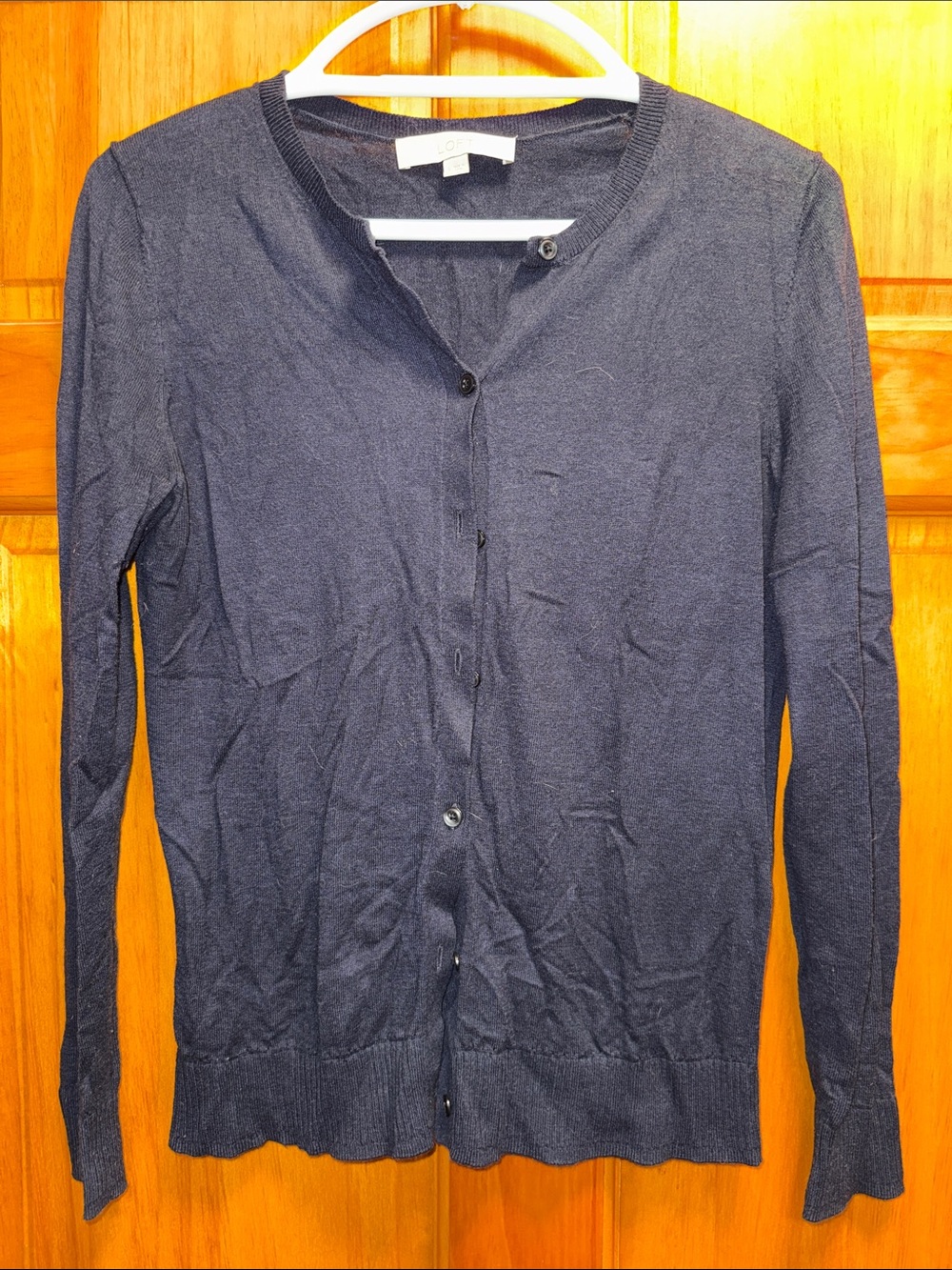 LOFT Navy Crewneck Button-Front Cardigan